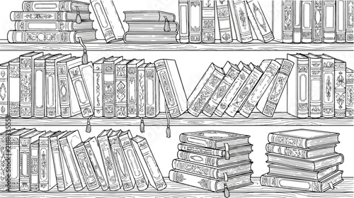 Vintage library bookshelf illustration, hand drawn antique books on wooden shelves, classic literature collection vector art