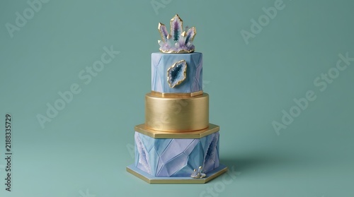 Three tiered blue and gold marble effect cake with crystal decorations