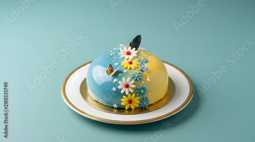 Dome shaped cake decorated with colorful flowers and butterfly on a plate