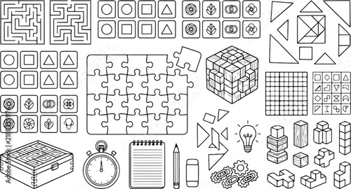 Minimalist logic puzzle icons set, outline brain games and mental challenge vectors, educational problem solving elements for web
