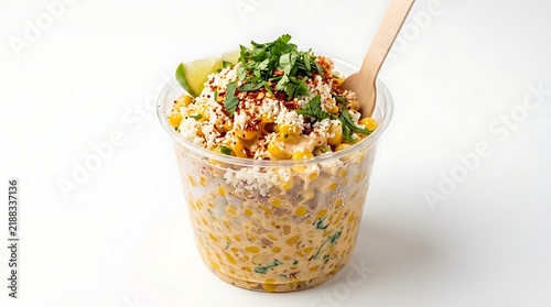 Delicious Mexican street corn esquites served in a clear plastic cup with a wooden spoon.