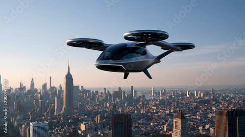 electric aerial vehicle flying above modern cityscape representing future transportation and autonomous urban mobility innovation