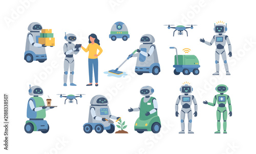 Service robot holding tablet in futuristic technology illustration