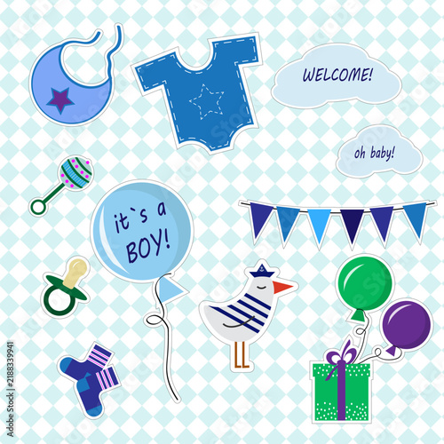 Sticker set with baby boy elements including bodysuit, bib, rattle, pacifier, socks and balloon with it is a boy text. Cute vector illustration on blue checkered background.
