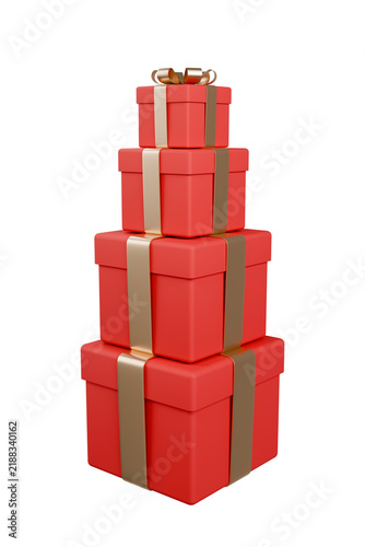 3D Stacked Red Gift Boxes Tower with Shiny Metallic Gold Bows
