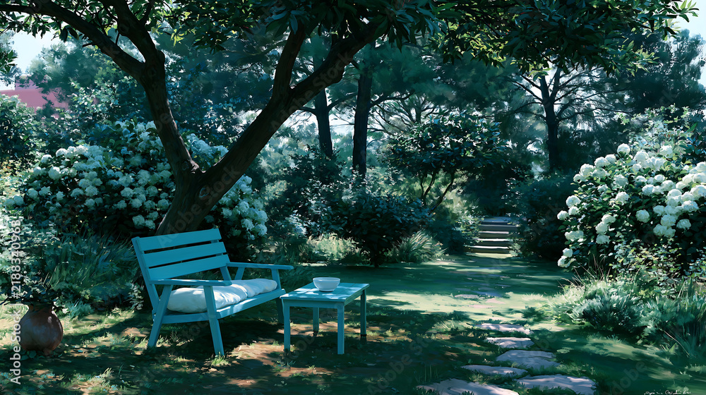 Obraz premium peaceful garden bench surrounded by trees and flowers with dappled sunlight representing tranquil outdoor nature retreat