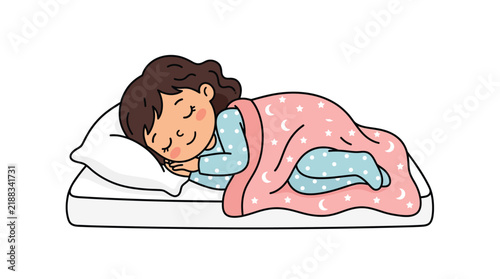 Cartoon girl sleeping under blanket cozy vector illustration
