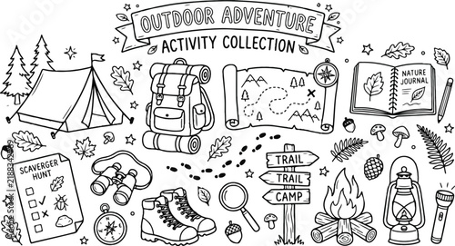 Outdoor adventure activity collection, hand drawn camping doodle set, hiking and scouting vector icons, black and white nature journal elements