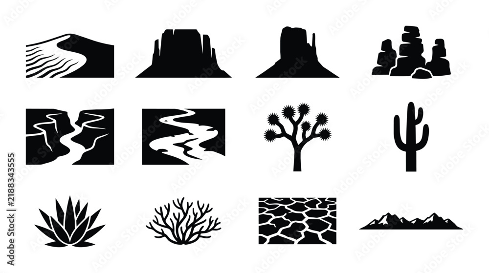 Fototapeta premium Desert Landscape Icons, Arid Environment Vector Graphics, Natural Scenery Silhouettes