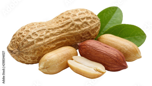 Whole peanut shell with shelled peanuts and green leaves, isolated on transparent background