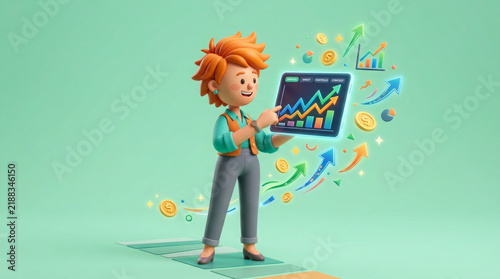 Financial Growth Concept: A stylized character points to a tablet displaying a rising financial graph, surrounded by soaring arrows, coins, and bar charts.