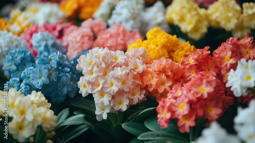 Assortment of vibrant primrose blossoms showing rich color palettes