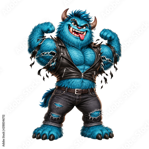 Muscular Blue Horned Monster Flexing Arms Punk Streetwear Fantasy Mascot Illustration