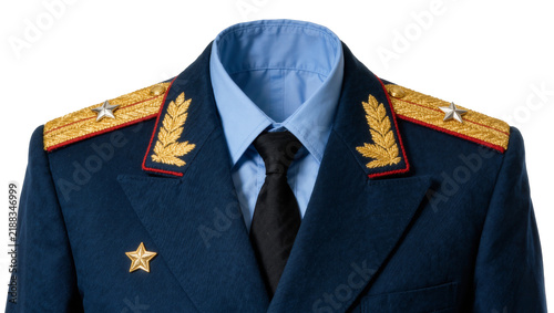 Bild auf Leinwand Dark blue military uniform with golden epaulets and star insignia, isolated on t