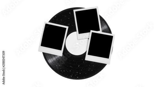 Cuadro en lienzo Three instant photo frames on a black vinyl record, isolated on transparent back