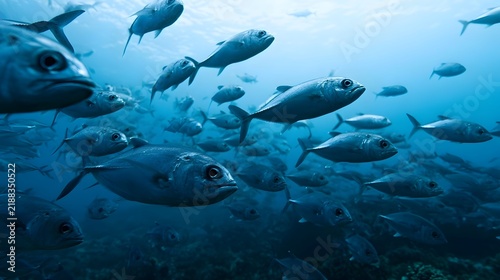 A large school of silver fish swimming together in clear blue ocean water near coral reef