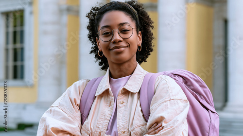 confident young woman with curly hair smiling outdoors on a college campus representing student life and modern education