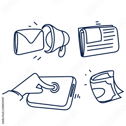 Hand drawn doodle illustration set featuring digital marketing and online payment concepts. Includes megaphone with envelope, hand holding smartphone, tapping screen, newspaper newsletter, wallet, and