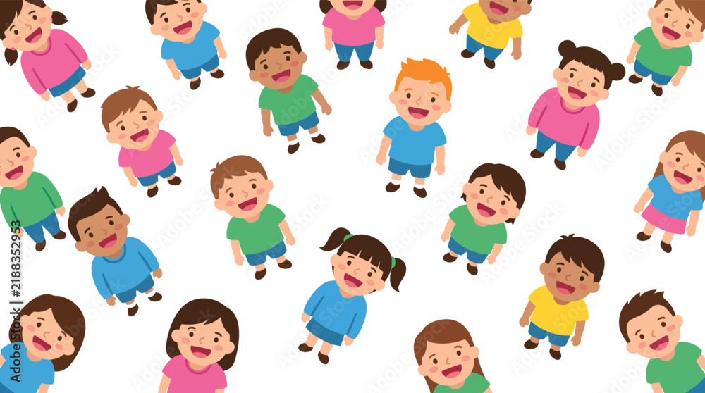 Fototapeta premium Cartoon children group looking up, diverse happy kids characters in bird's eye view, multiethnic elementary students vector pattern