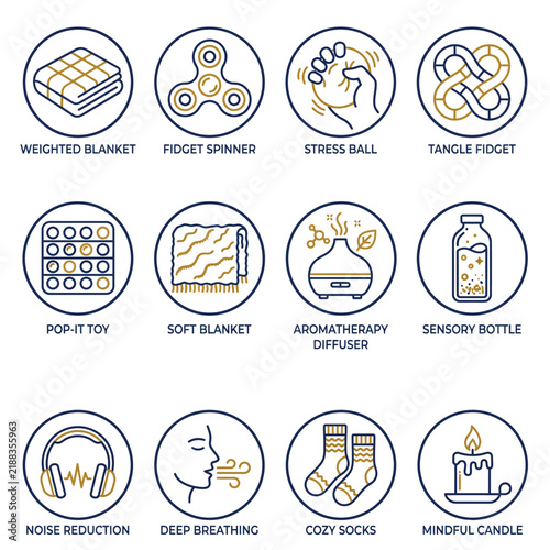 Sensory and Stress Relief Icon Set -Fidget Spinner, Stress Ball, Weighted Blanket