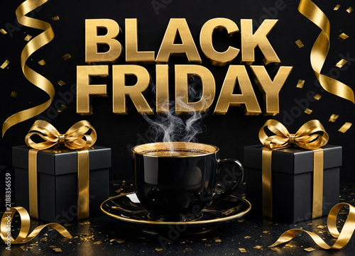 Black Friday shopping concept with coffee cup and golden gift boxes