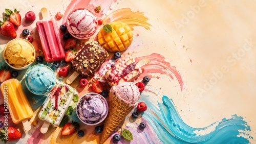 A variety of colorful ice cream scoops, popsicles, and fresh berries arranged on a painted... fruit