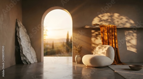 Minimalist Interior with Arched Doorway and Warm Sunlight