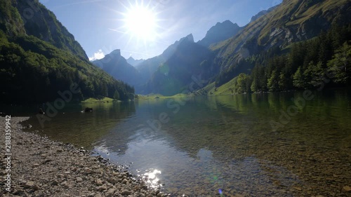 Seealpsee mountain lake in Alpstein Switzerland during sunshine