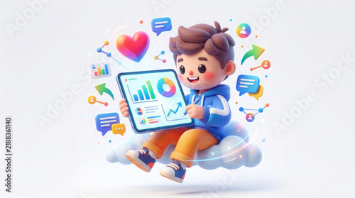 Digital Discovery: A stylized young boy, rendered in a charming 3D illustration style, sits joyfully on a fluffy cloud, engrossed in a tablet displaying vibrant charts and data.