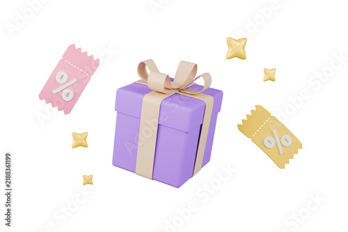 3D Purple Gift Box with Beige Ribbon and Floating Discount Vouchers