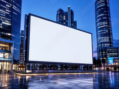 Large blank rectangular billboard in a city plaza at night with glowing skyscrapers and wet ground d