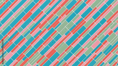 Abstract geometric pattern with diagonal rectangles in blue, red, pink, and green colors, seamless modern background design for textile or wallpaper
