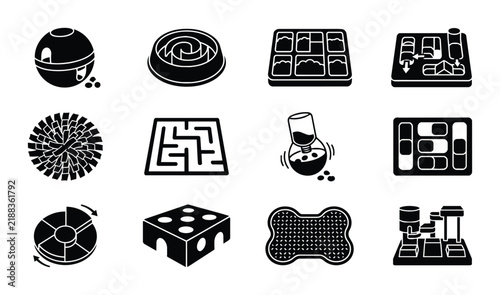 Pet Enrichment Toys Set: Interactive Feeders, Puzzle Feeders, Treat Dispensers, Dog Training Aids, 12 Vector Icons