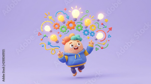 Creative Spark Illustration: A cheerful cartoon character is surrounded by a whimsical explosion of ideas, gears, and glowing lightbulbs, symbolizing innovation and creative thinking in a vibrant.