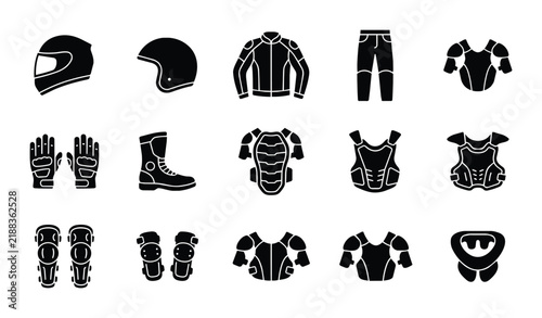 Motorcycle Gear Icons Set, Protective Apparel Vector Collection, Safety Equipment Graphics for Extreme Sports and Riding