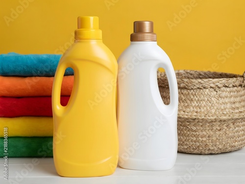 Studio shot of laundry detergent bottles with towels and baskets in background