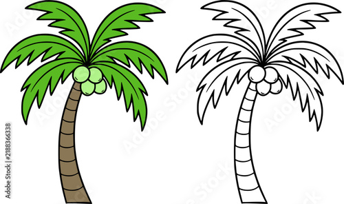 Coconut tree illustration icon in line art style and colored, coloring page for kids