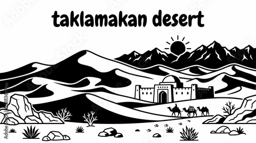 taklamakan desert with enormous golden dunes, rugged mountain borders, vast arid terrain, dramatic sunlight, famous Central Asian landscape, detailed vector illustration for travel tourism