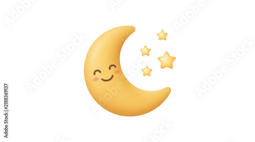 Smiling crescent moon with stars on white background