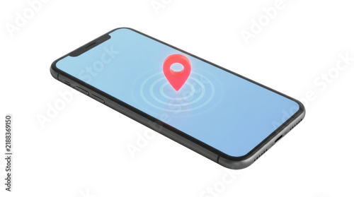 Smartphone displaying red map pin with location signal ripples on blue screen