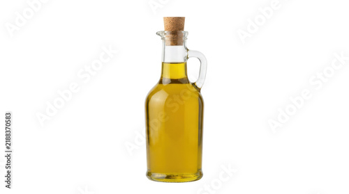 Golden olive oil in clear glass bottle with cork stopper isolated on white background