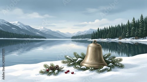 Serene Winter Landscape with a Golden Christmas Bell and Festive Pine Branches on a Snowy Lake Shore