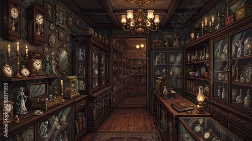 Interior view of an antique shop filled with vintage clocks and collectibles under warm chandelier light
