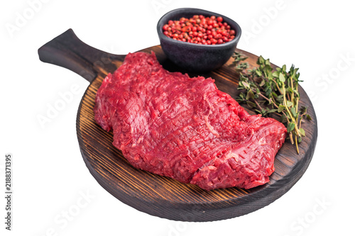Konstfotografi Flank or Flap steak, raw beef meat with thyme on wooden board isolated on white background