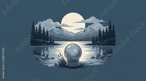 Minimalist crystal ball reflecting a magical nature scene with moonlit lake and mountains