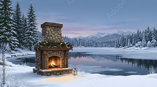 Cozy Stone Fireplace by a Frozen Winter Lake Surrounded by Snowy Pines and Mountains at Dusk