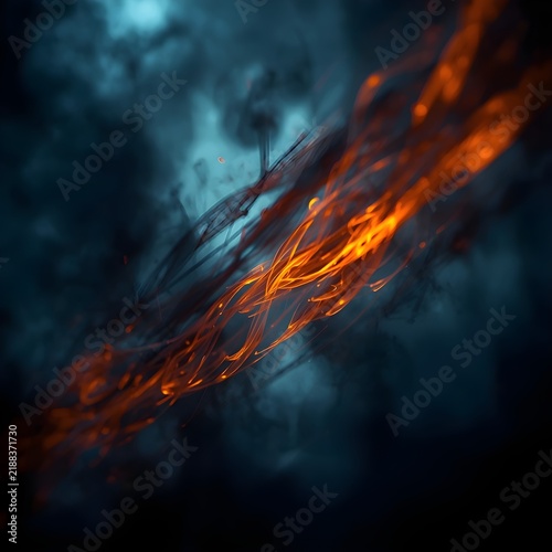 Abstract Glowing Orange and Blue Smoke Waves on a Dark Background.