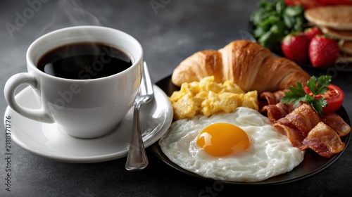 Plakat Breakfast Spread With Coffee Eggs Bacon Croissant