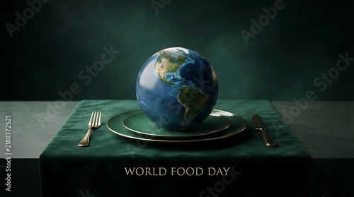 World food day concept with a globe placed on a dinner plate on a dark green velvet tablecloth with a fork and knife, representing global hunger and sustainability