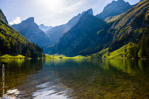 Seealpsee mountain lake in Alpstein Switzerland during sunshine